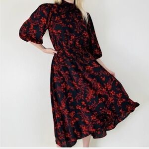Nanette Lepore 4 Tie Mock Neck Smocked Pleated Belted Long Sleeve Dress Floral